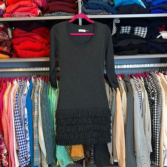 Calvin Klein Dresses & Skirts - Calvin Klein dark gray fringed bottom 3/4 sleeve sweater dress size S